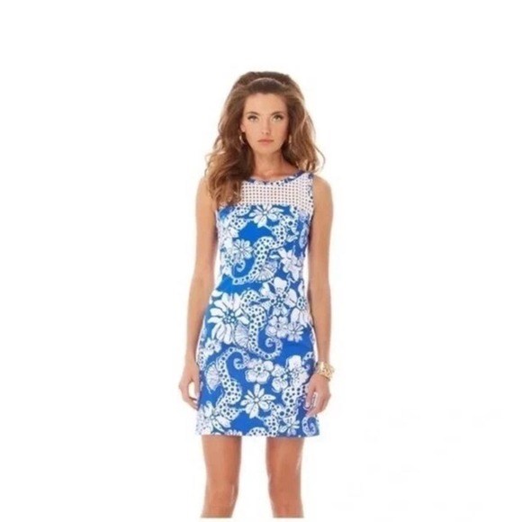 Lilly Pulitzer Marianne Shift Dress Blue & White Seahorse & Floral Eyelet Lace 2 - Picture 10 of 16